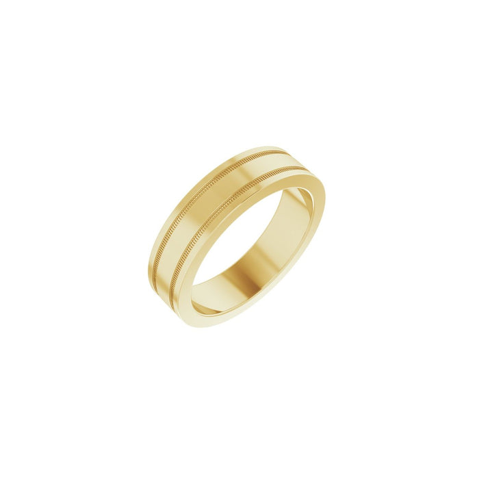 yellow gold milgrain grooved comfort-fit flat band men's wedding band