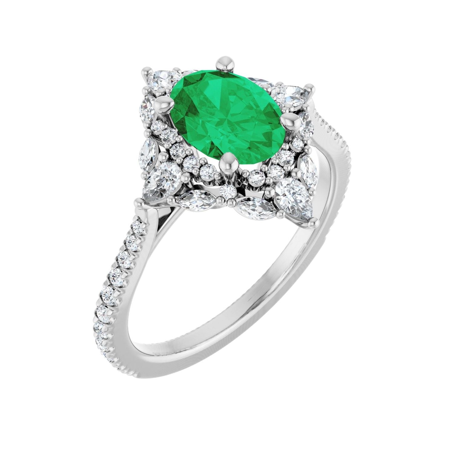 Oval Emerald Halo Engagement Ring in 14K White Gold