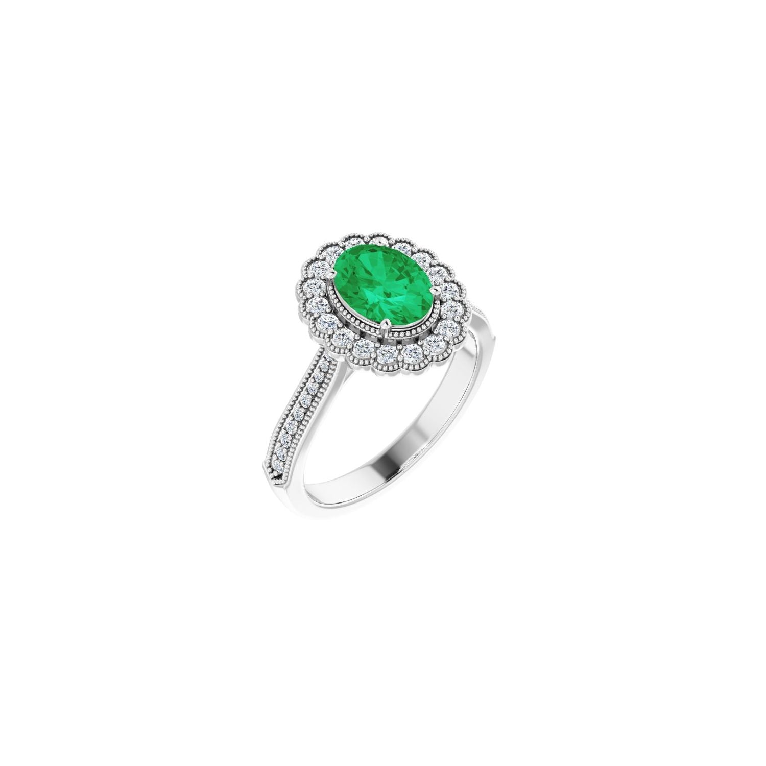 Oval Emerald Halo Petite Engagement Ring in 14K White Gold
