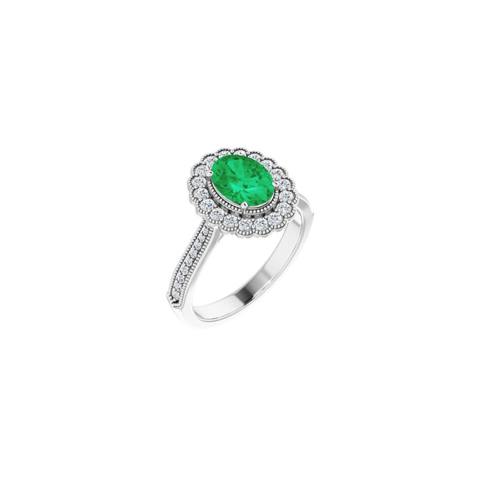 Oval Emerald Halo Petite Engagement Ring in 14K White Gold