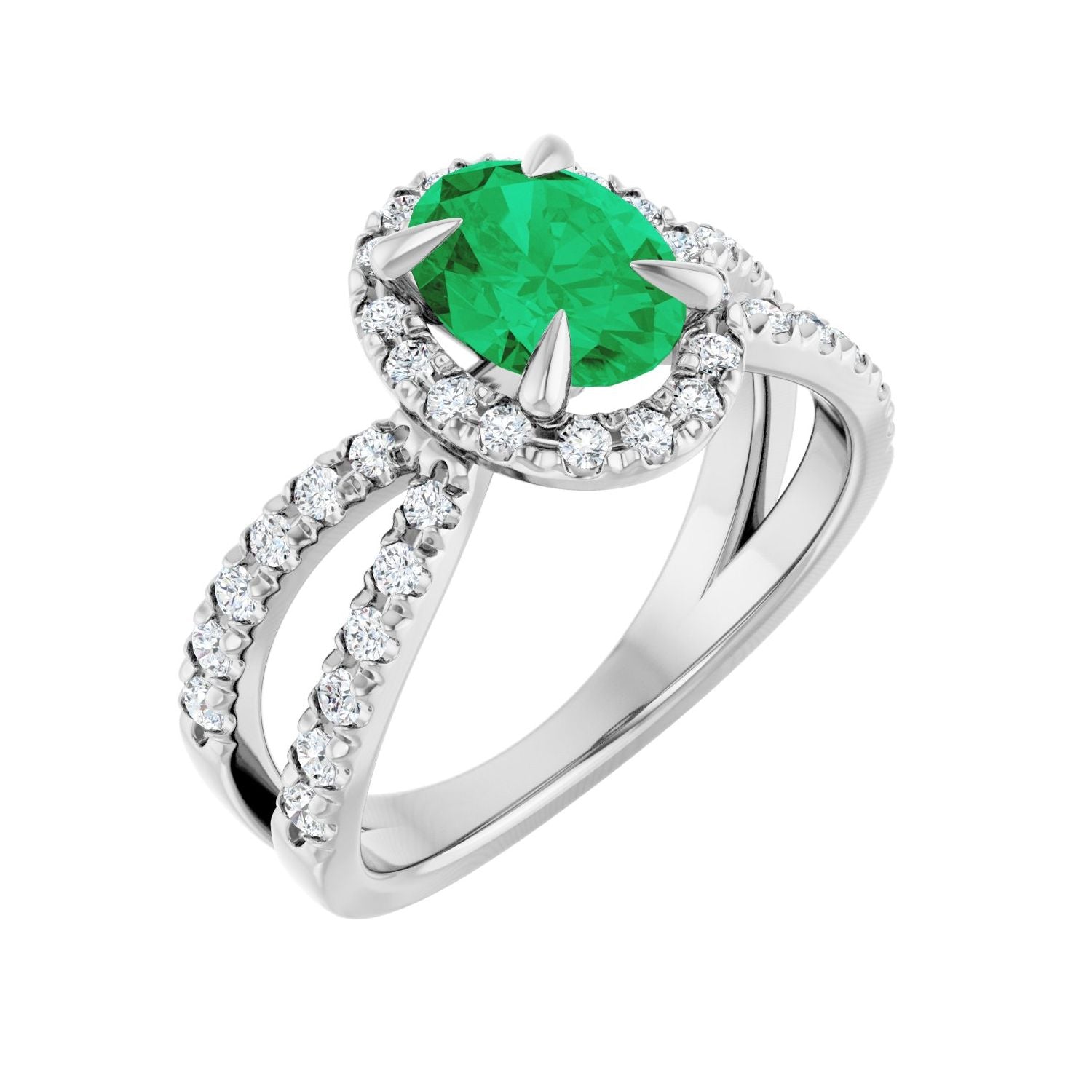 Oval Emerald Halo Cathedral Engagement Ring in 14K White Gold