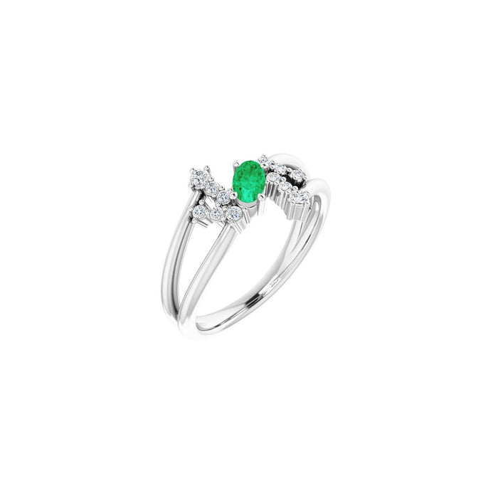 Natural Oval Emerald & Diamond Bypass Ring (1/8 ctw) in 14K White Gold