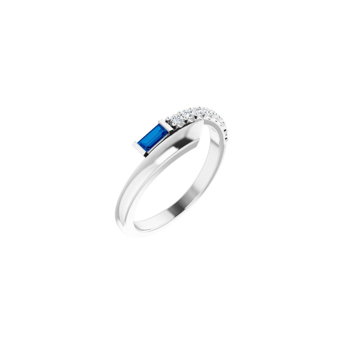 Baguette Blue Sapphire & Diamond Bypass Ring (1/6 ctw) in 14K White Gold