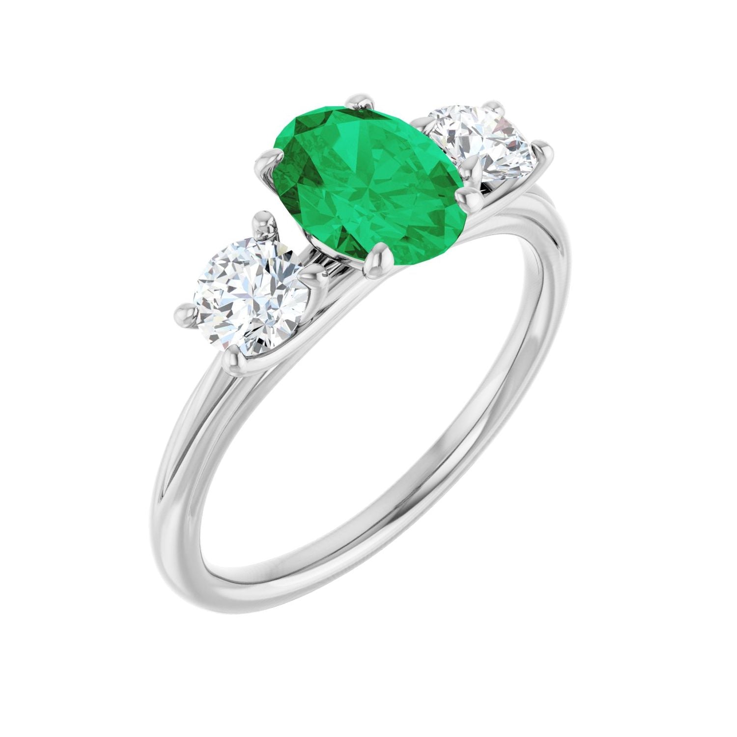 Oval Emerald Three-Stone Petite Engagement Ring in 14K White Gold