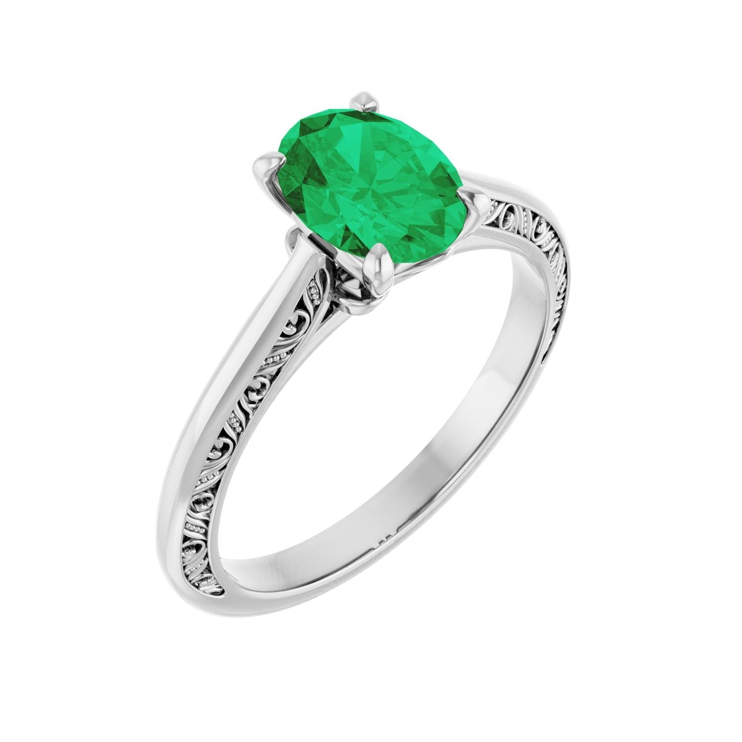 Oval Emerald Sculptural Solitaire Signature Engagement Ring in 14K White Gold