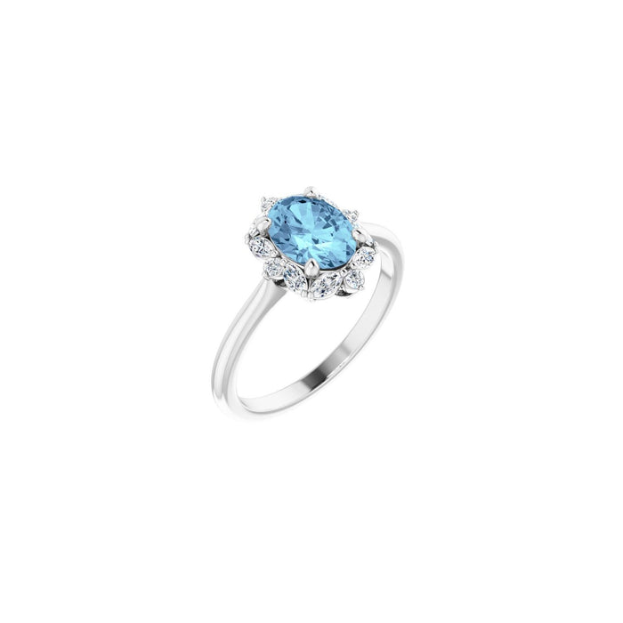Natural Oval Aquamarine & Diamond Halo Ring (1/3 ctw) in 14K White Gold
