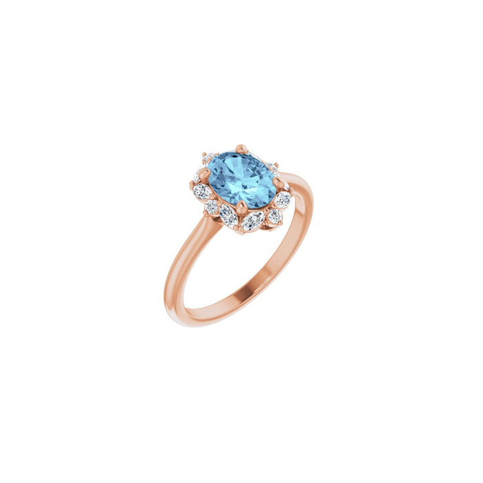 Diamond Halo Oval Natural Aquamarine Ring (1/3 ctw) in 14K Rose Gold