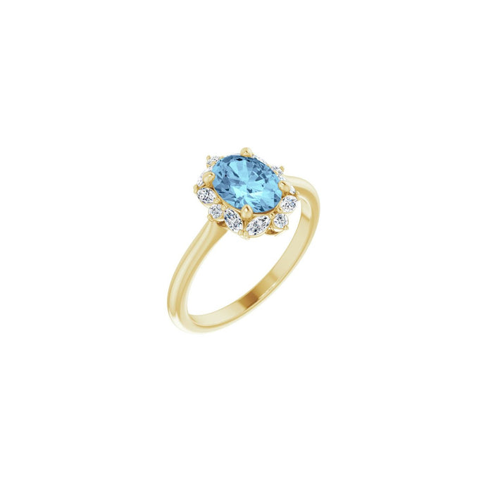 Diamond Halo Oval Natural Aquamarine Ring (1/3 ctw) in 14K Yellow Gold