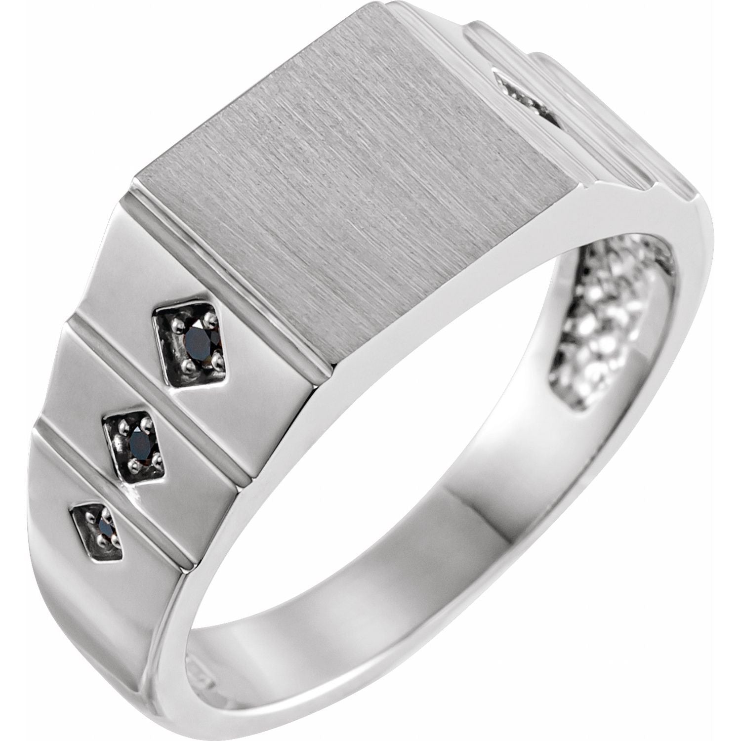 Black Diamond Geometric Signet Ring in 14K White Gold with a natural black diamond - Stuller finished render