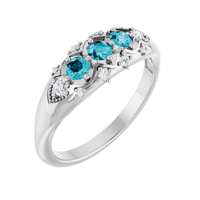 London Blue Topaz Round Three-Stone Diamond Ring (1/8 ctw) in 14K White Gold
