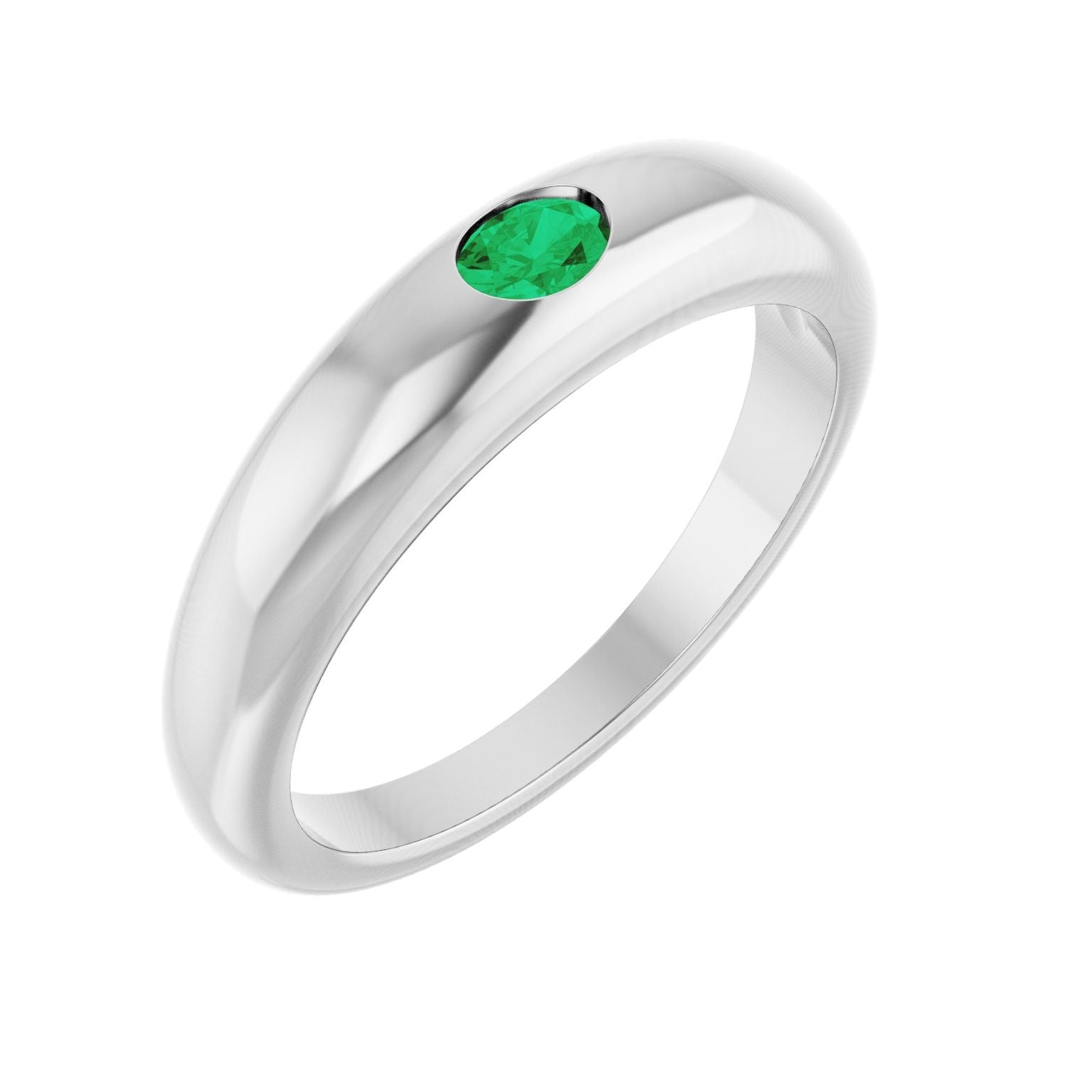 Natural Oval Emerald Dome Ring in 14K White Gold