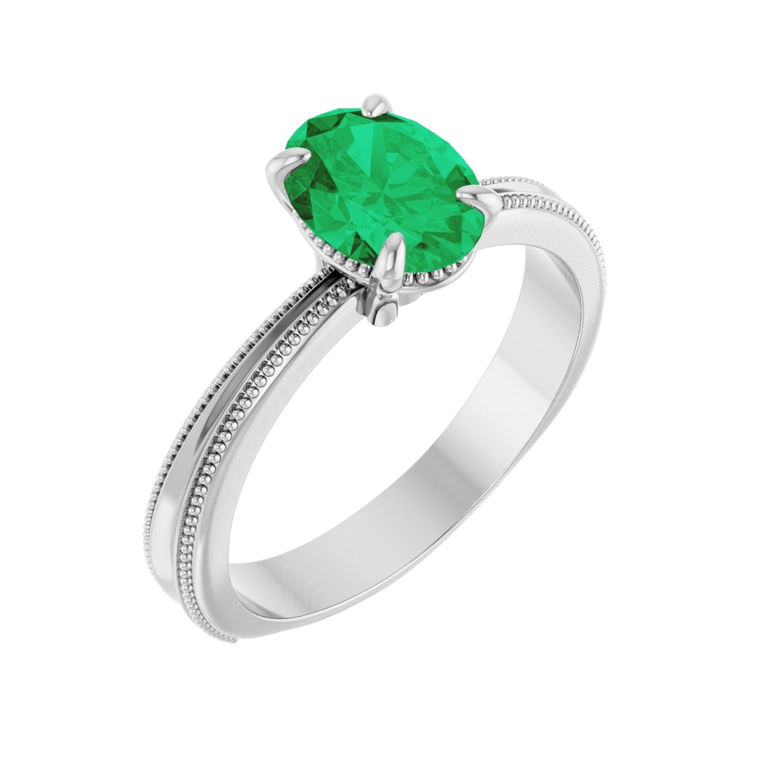 Oval Emerald Solitaire Classic Engagement Ring in 14K White Gold
