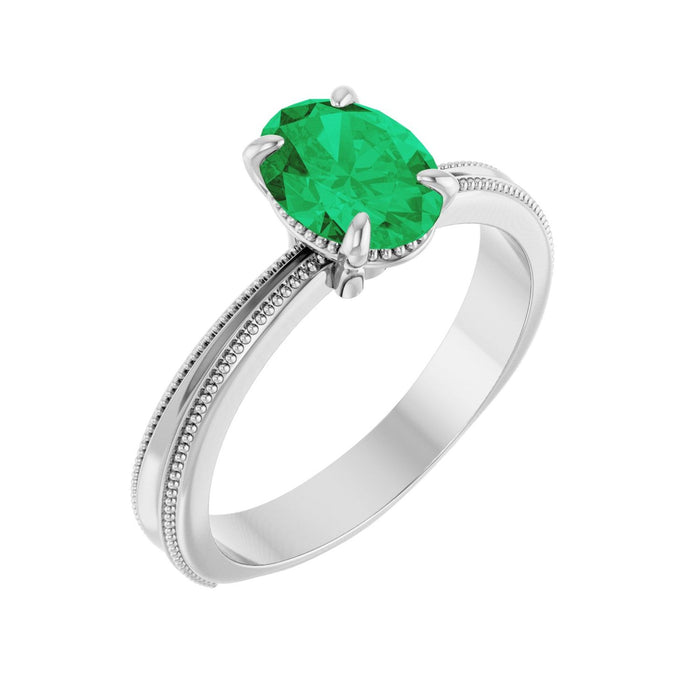 Oval Emerald Solitaire Classic Engagement Ring in 14K White Gold
