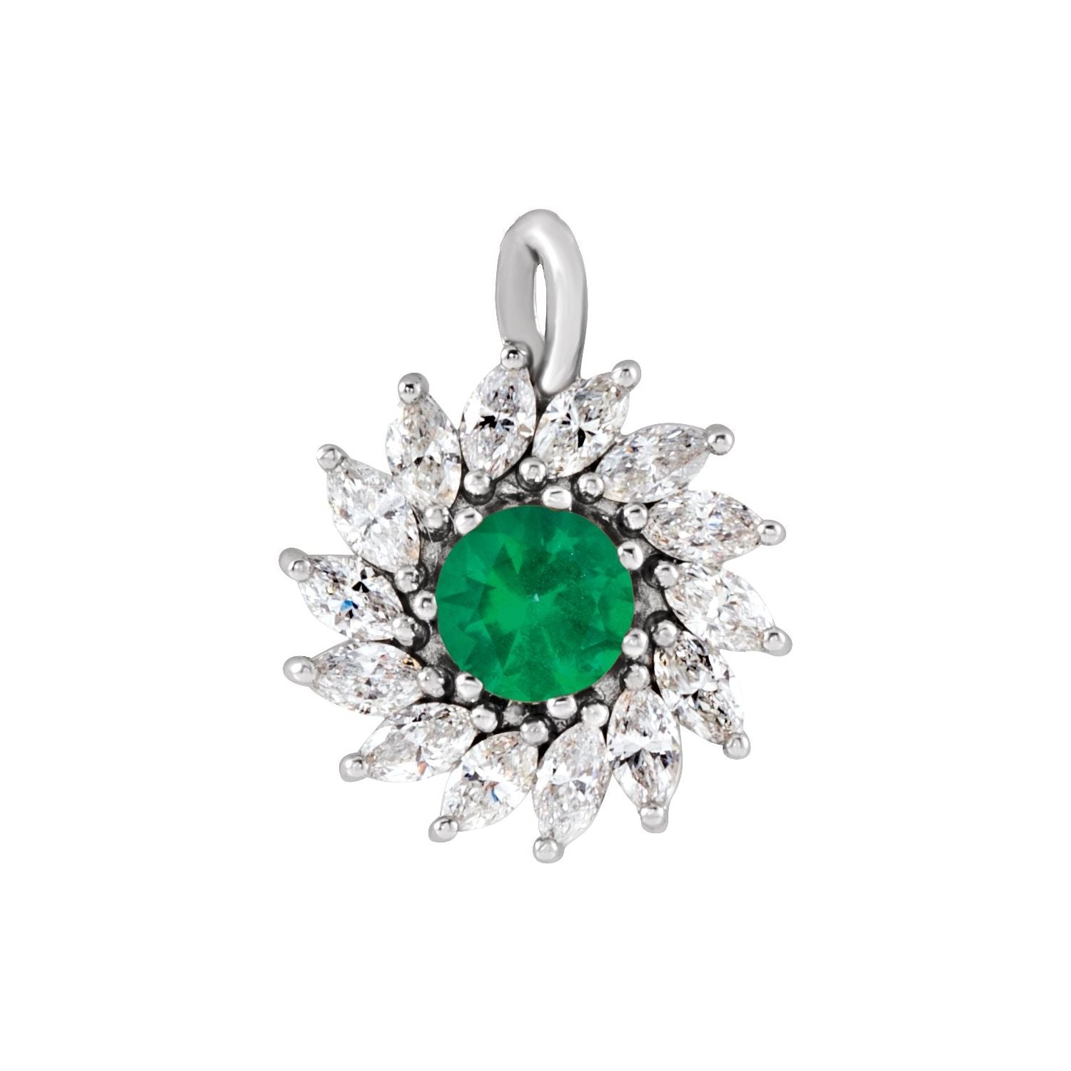 14K White Gold lab-grown oval emerald and diamond halo necklace
