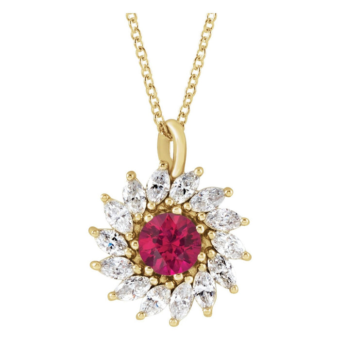 14K Yellow Gold round halo diamond & ruby necklace
