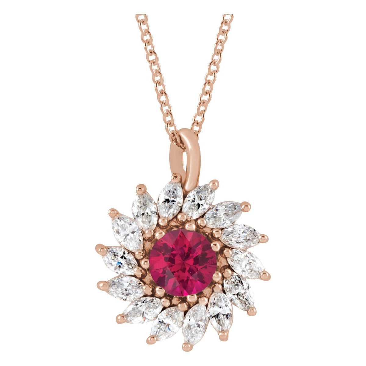 14K Rose Gold round halo diamond & ruby necklace