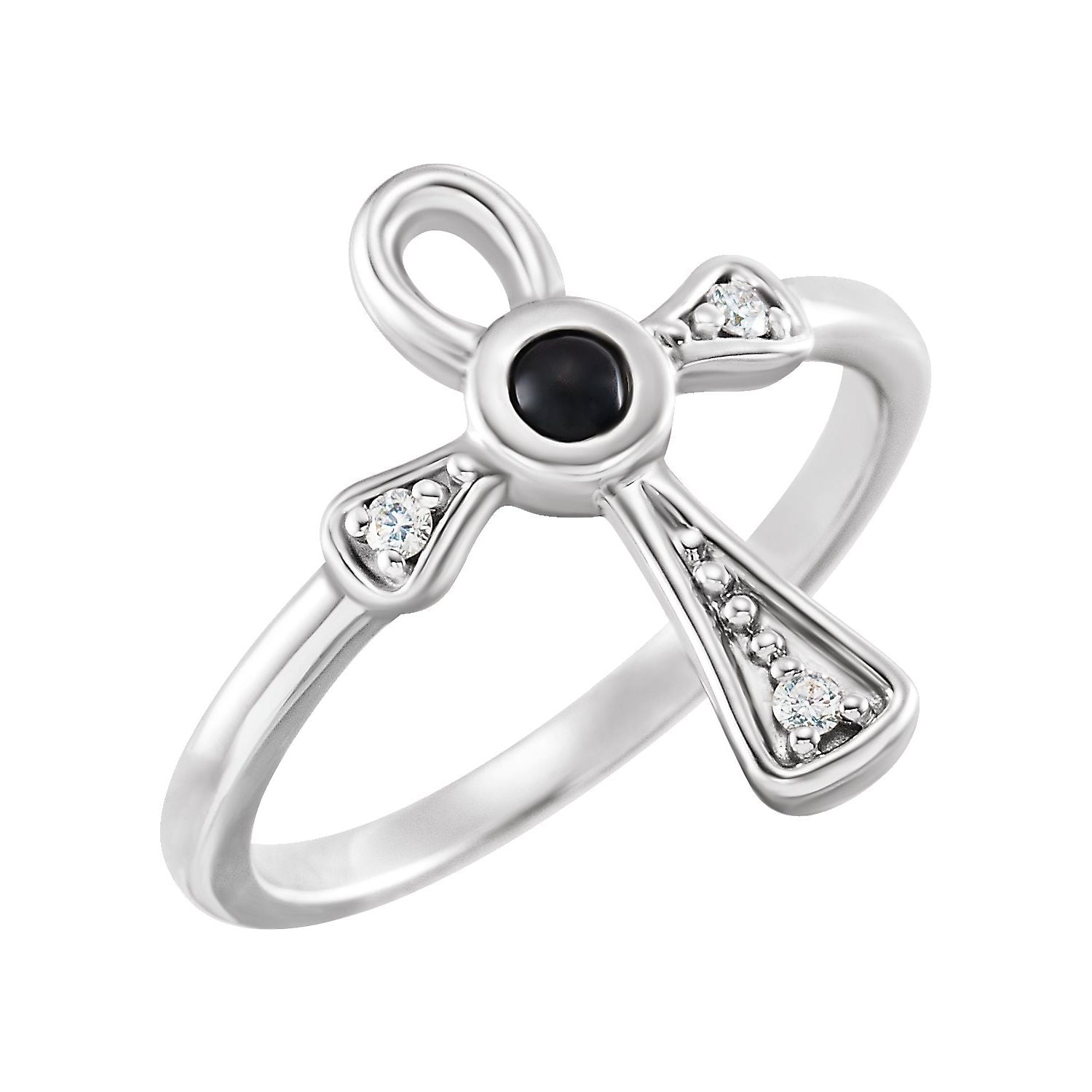 Black Onyx & Diamond Ankh Ring in 14K White Gold - natural black onyx