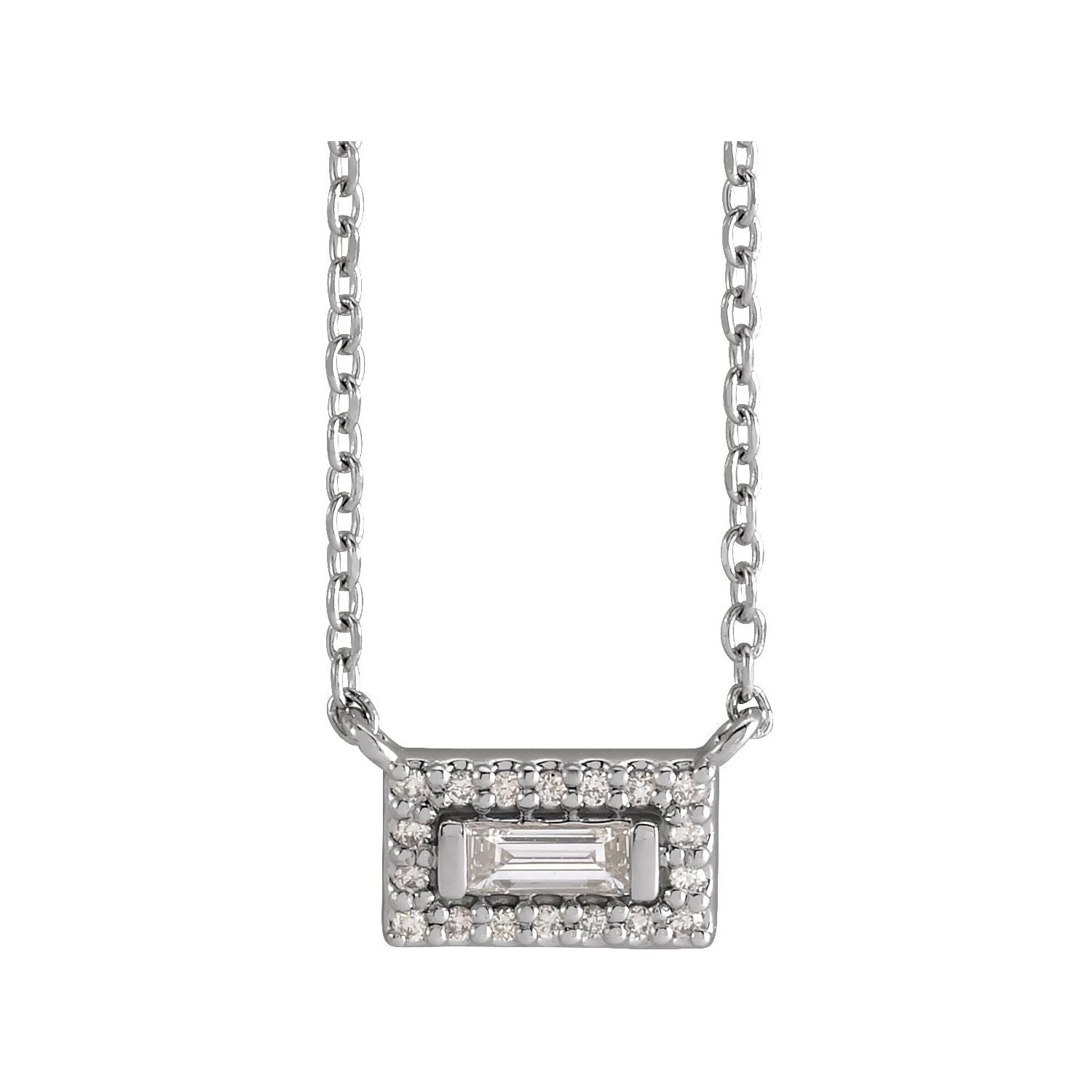 14K White Gold straight baguette natural diamond teardrop necklace pendant