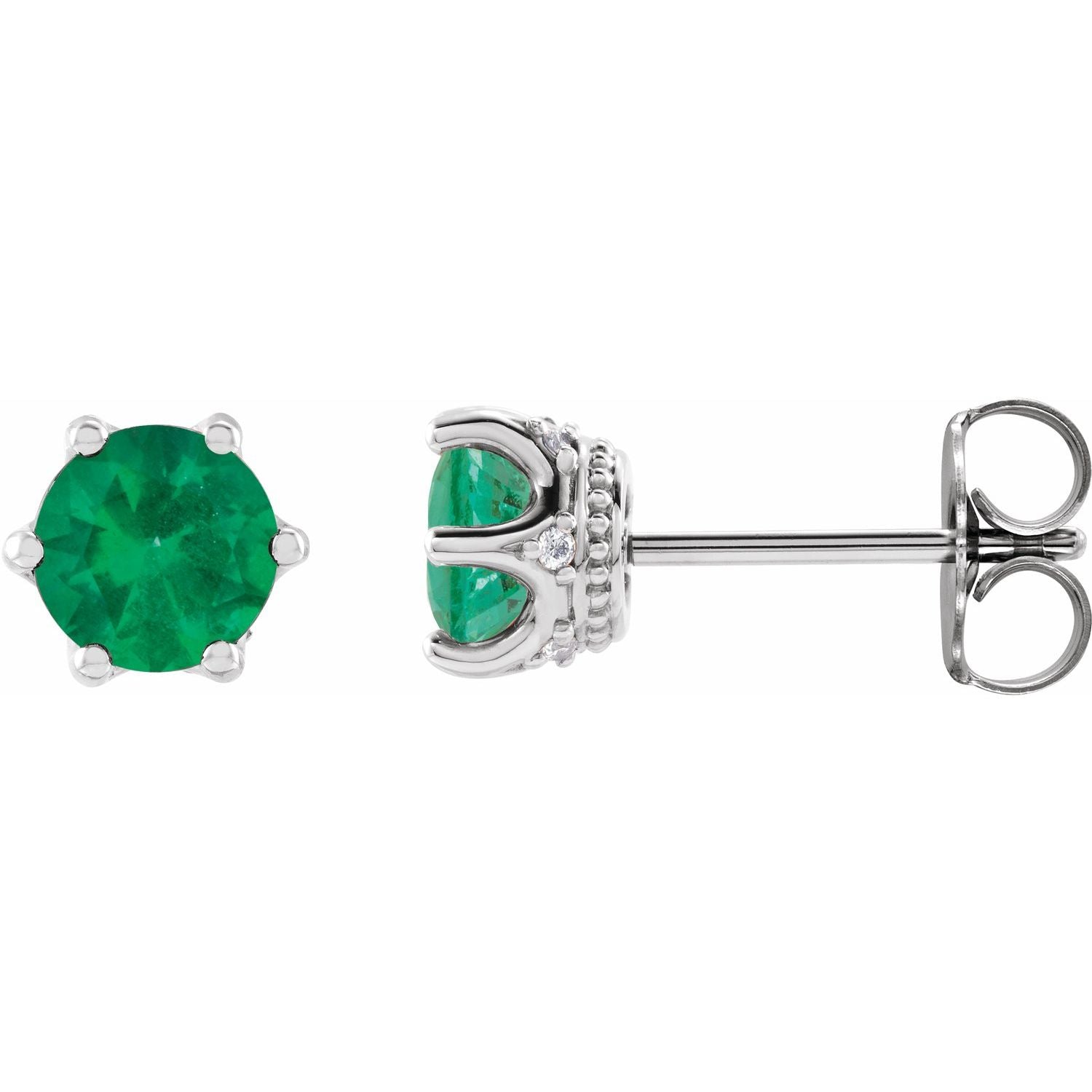 14K White Gold round lab-grown emerald crown stud earrings