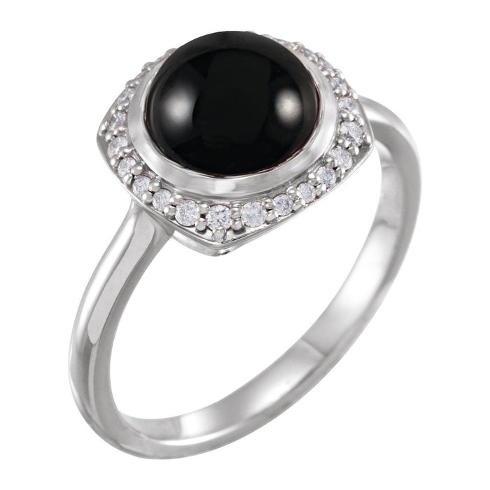 Black Onyx & Diamond Round Halo Ring in 14K White Gold - natural black onyx