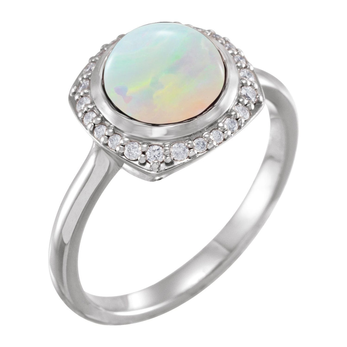 Ethiopian Opal & Diamond Halo Ring in 14K White Gold - natural opal