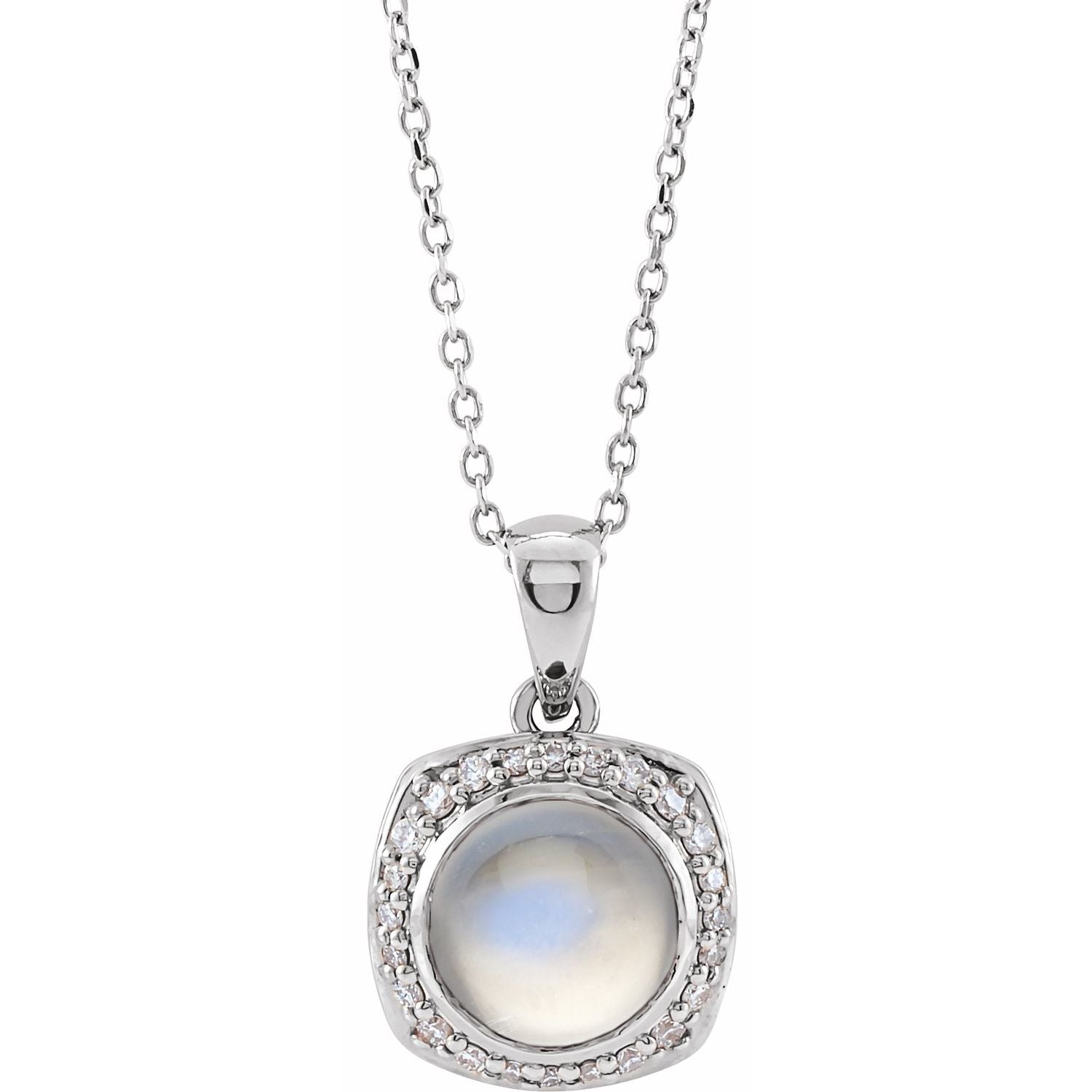 14K White Gold Rainbow Moonstone Diamond Halo Necklace