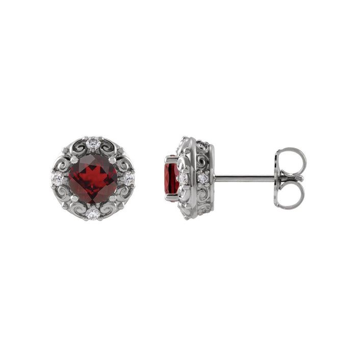 14K White Gold garnet round diamond scroll-frame earrings