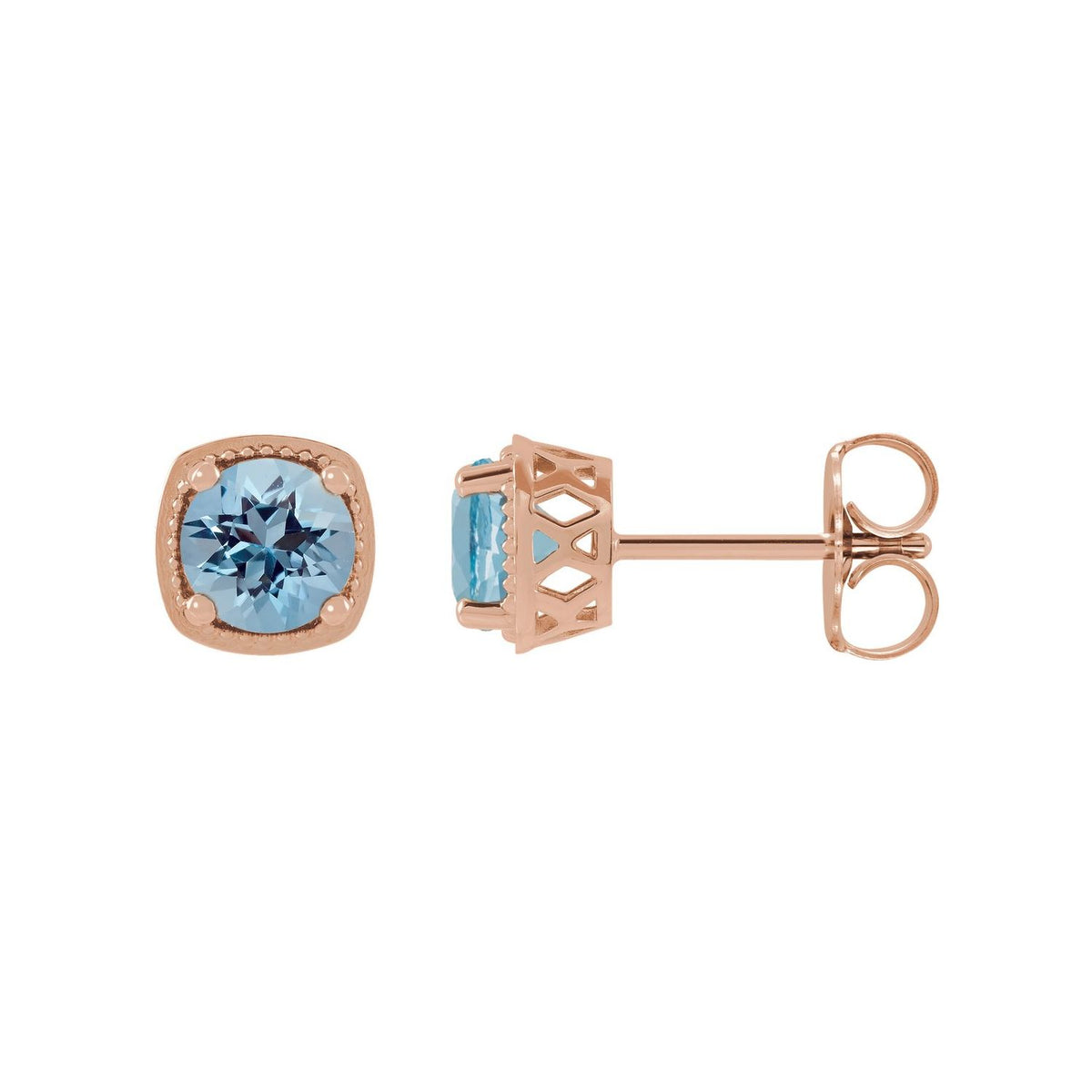 14K Rose Gold natural aquamarine round earrings