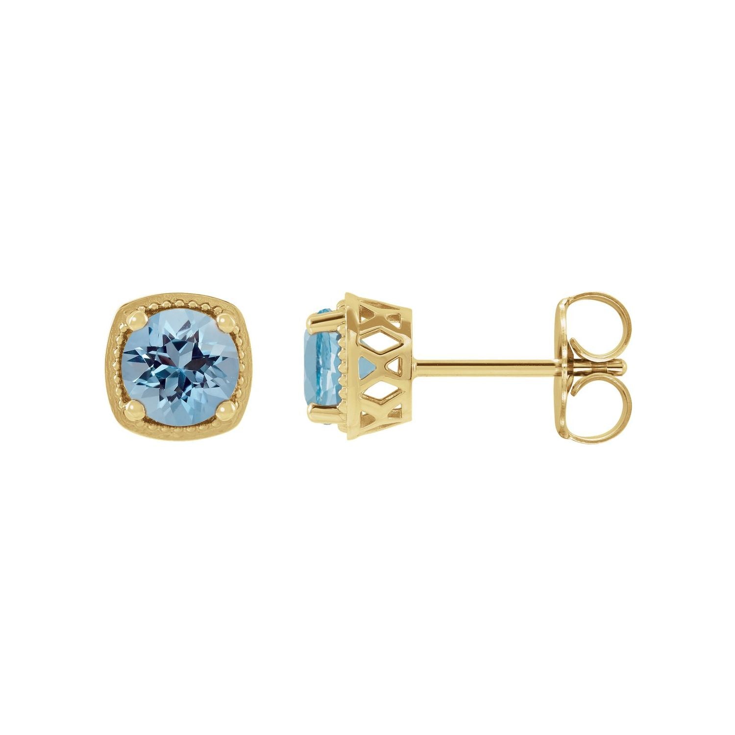 14K Yellow Gold natural aquamarine round earrings