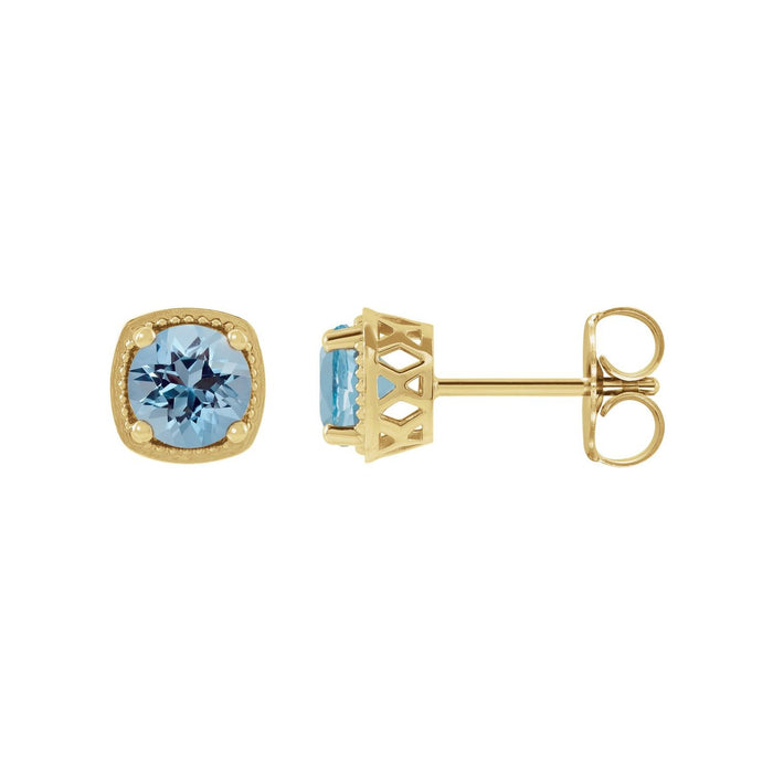 14K Yellow Gold natural aquamarine round earrings