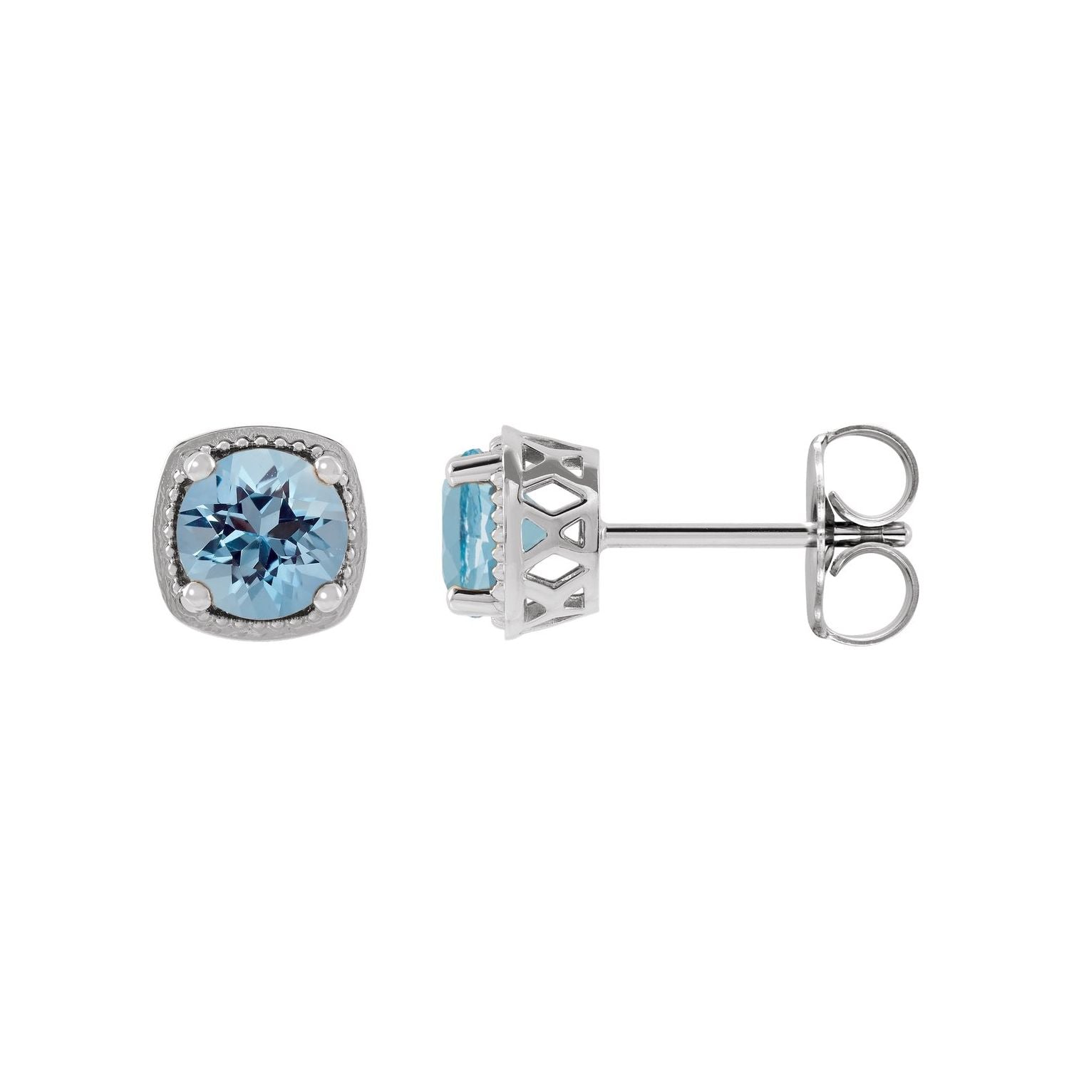 14K White Gold natural aquamarine round earrings