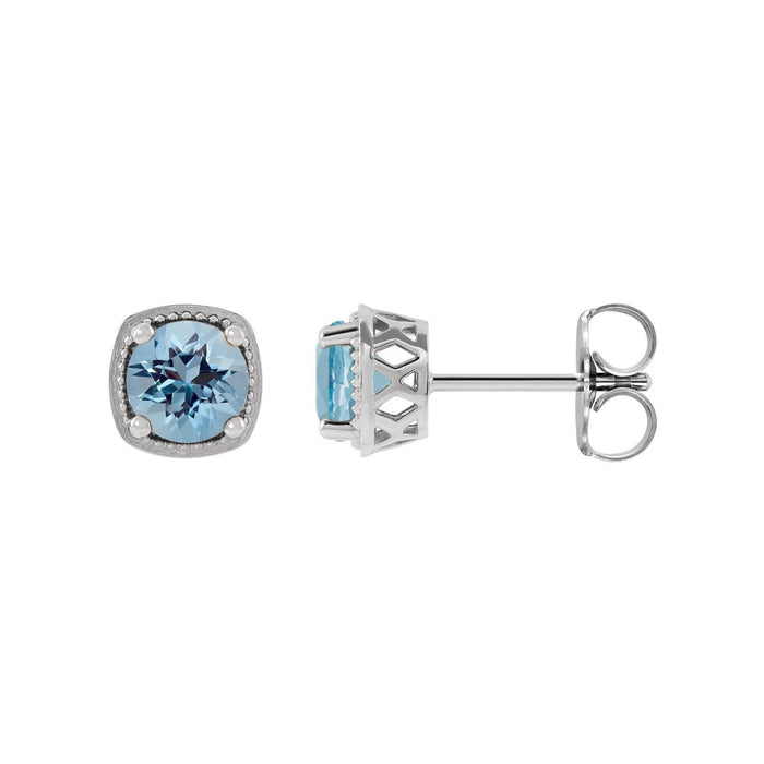 14K White Gold natural aquamarine round earrings