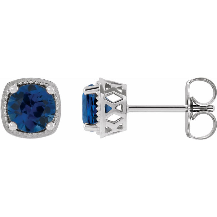14K White Gold round natural blue sapphire earrings