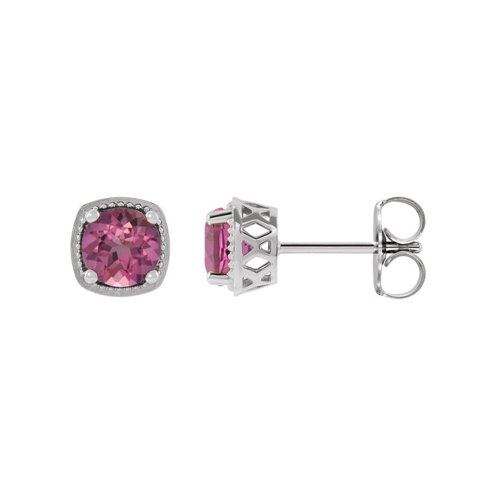 14K White Gold natural pink tourmaline round earrings