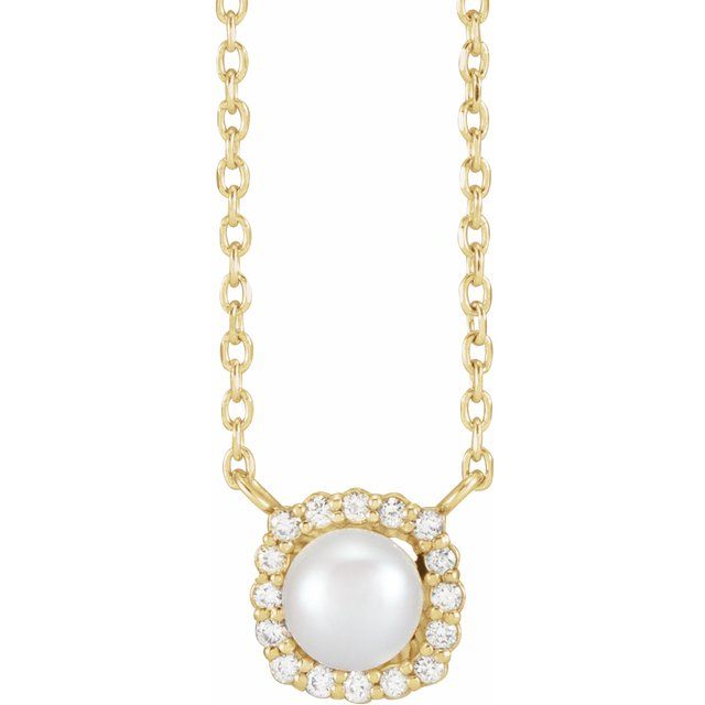 akoya pearl & diamond halo necklace in 14k yellow gold, 16"