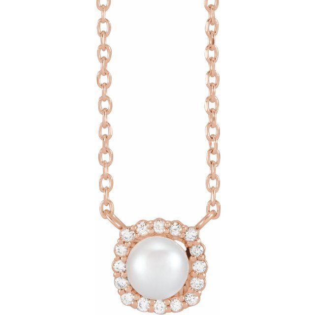 akoya pearl & diamond halo necklace in 14k rose gold, 16"