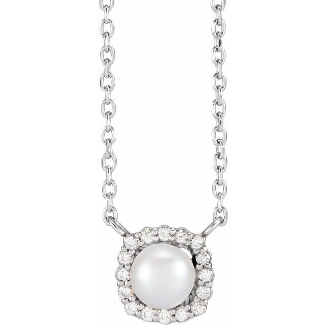 akoya pearl & diamond halo necklace in 14k white gold, 16"