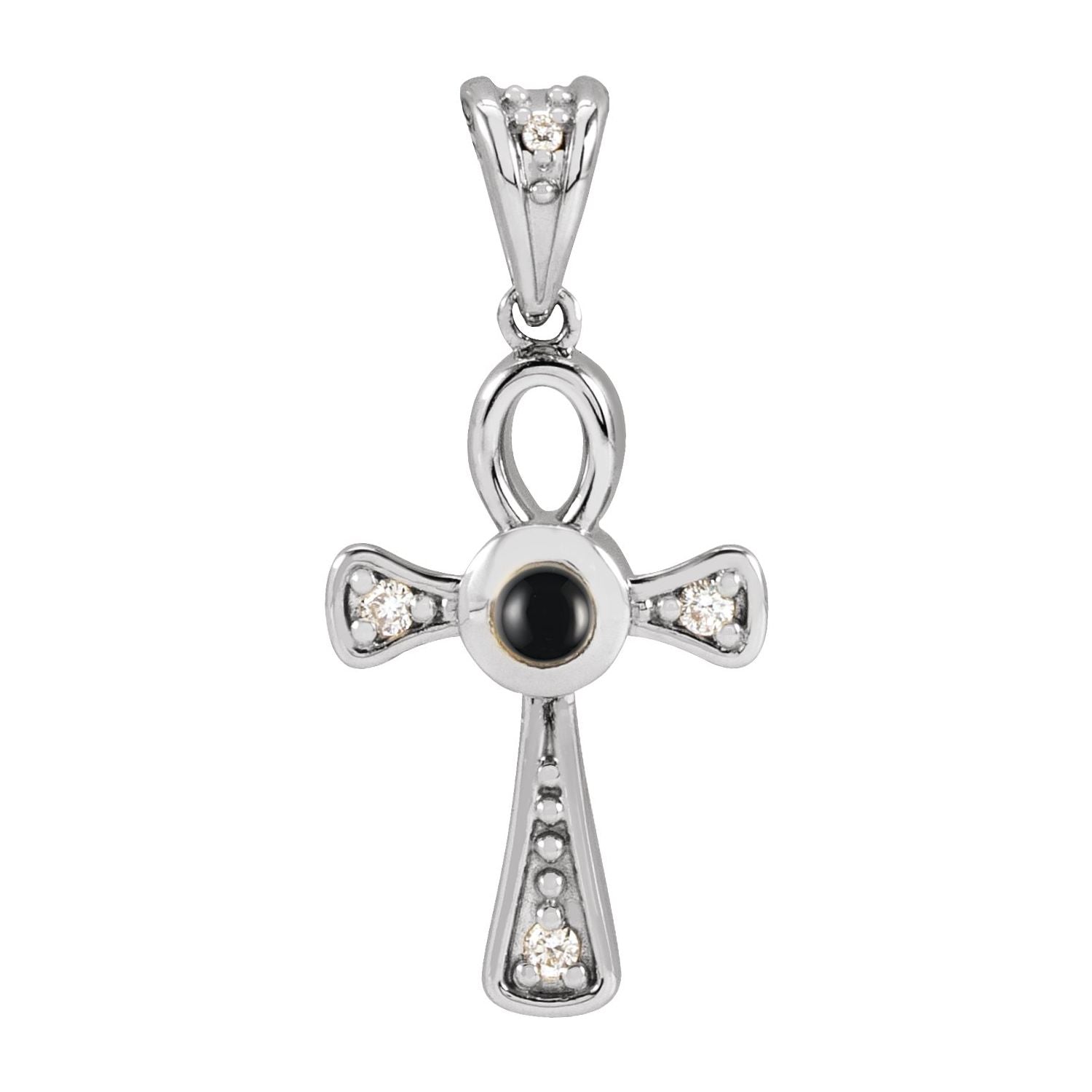 14K White Gold Onyx & Diamond Ankh Necklace