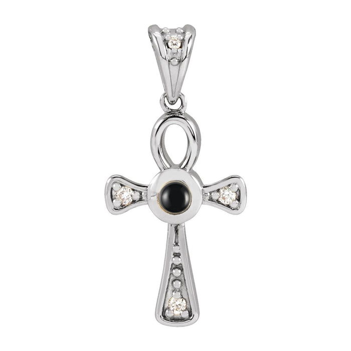 14K White Gold Onyx & Diamond Ankh Necklace