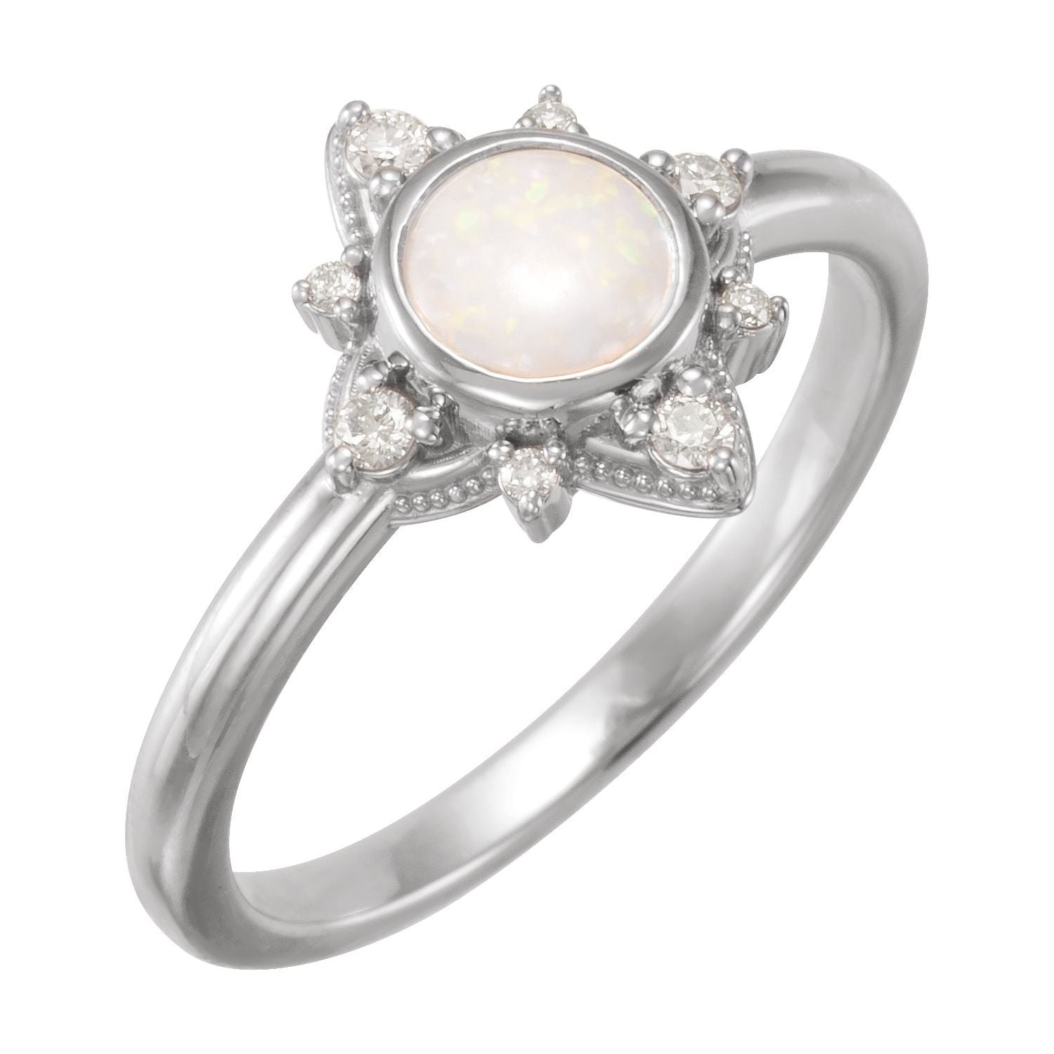 Opal & Diamond Milgrain Halo Ring in 14K White Gold - natural opal
