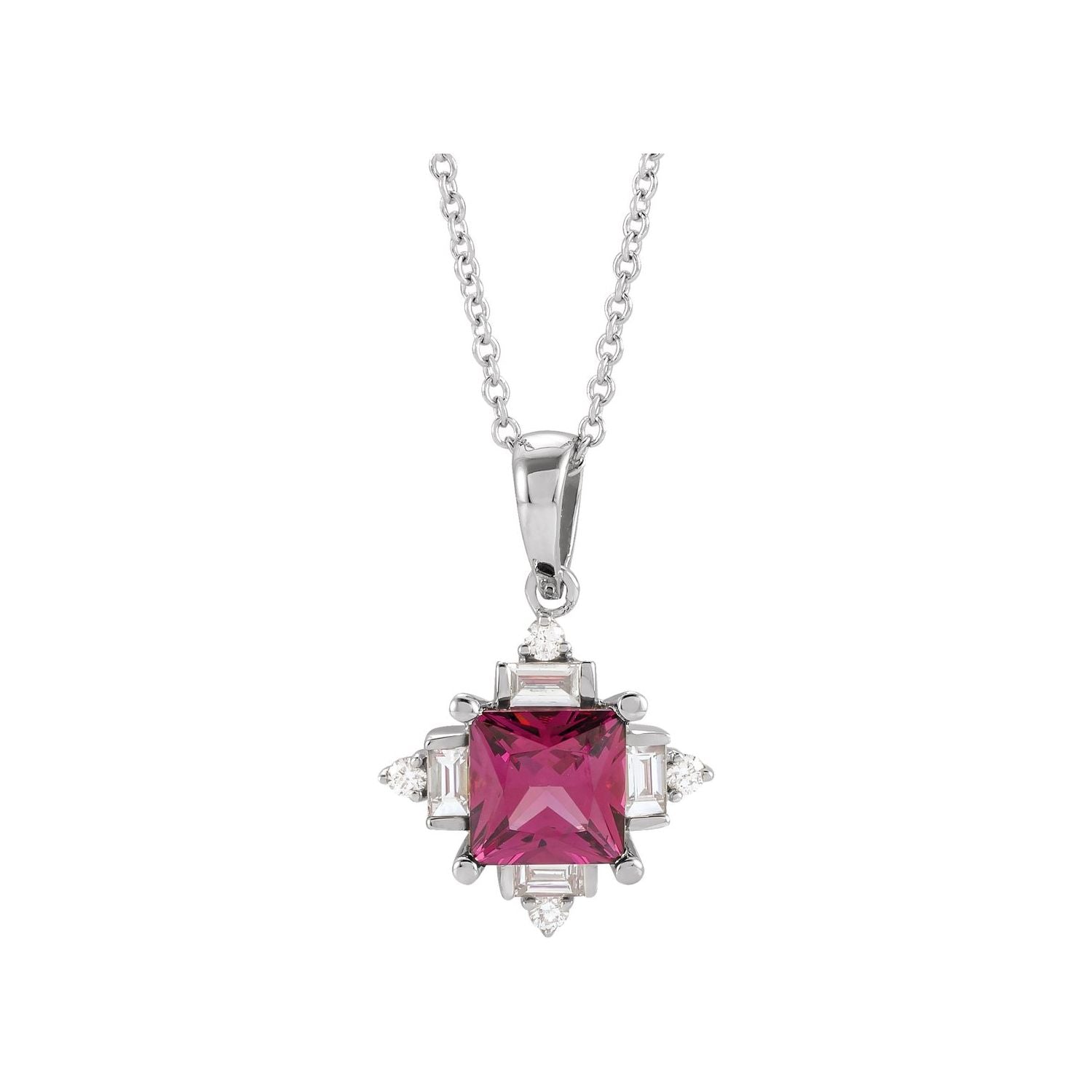 Rhodolite garnet diamond solitaire necklace, 14K White Gold