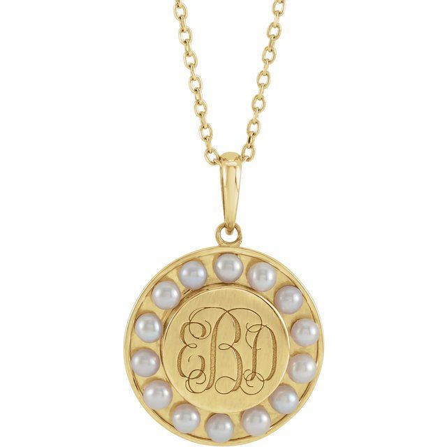 engravable seed pearl halo necklace in 14k yellow gold