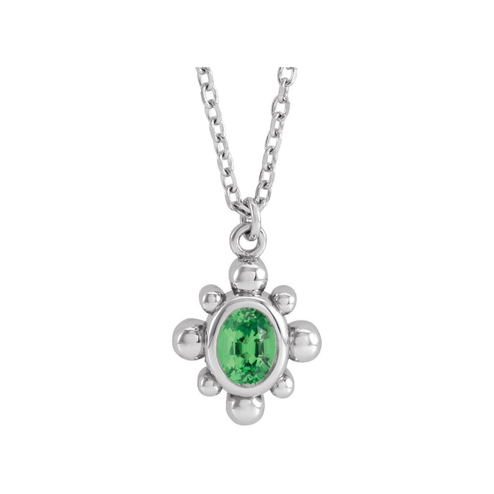 Tsavorite garnet beaded bezel necklace, 14K White Gold