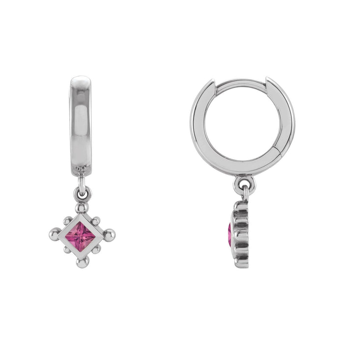 14K White Gold natural pink tourmaline beaded bezel hoop earrings