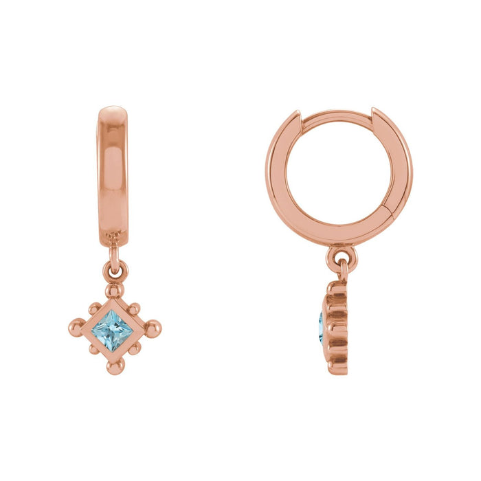 Beaded Bezel Hoop Drop Natural Aquamarine Earrings in 14K Rose Gold