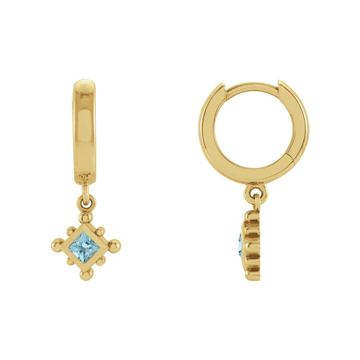 Beaded Bezel Hoop Drop Natural Aquamarine Earrings in 14K Yellow Gold