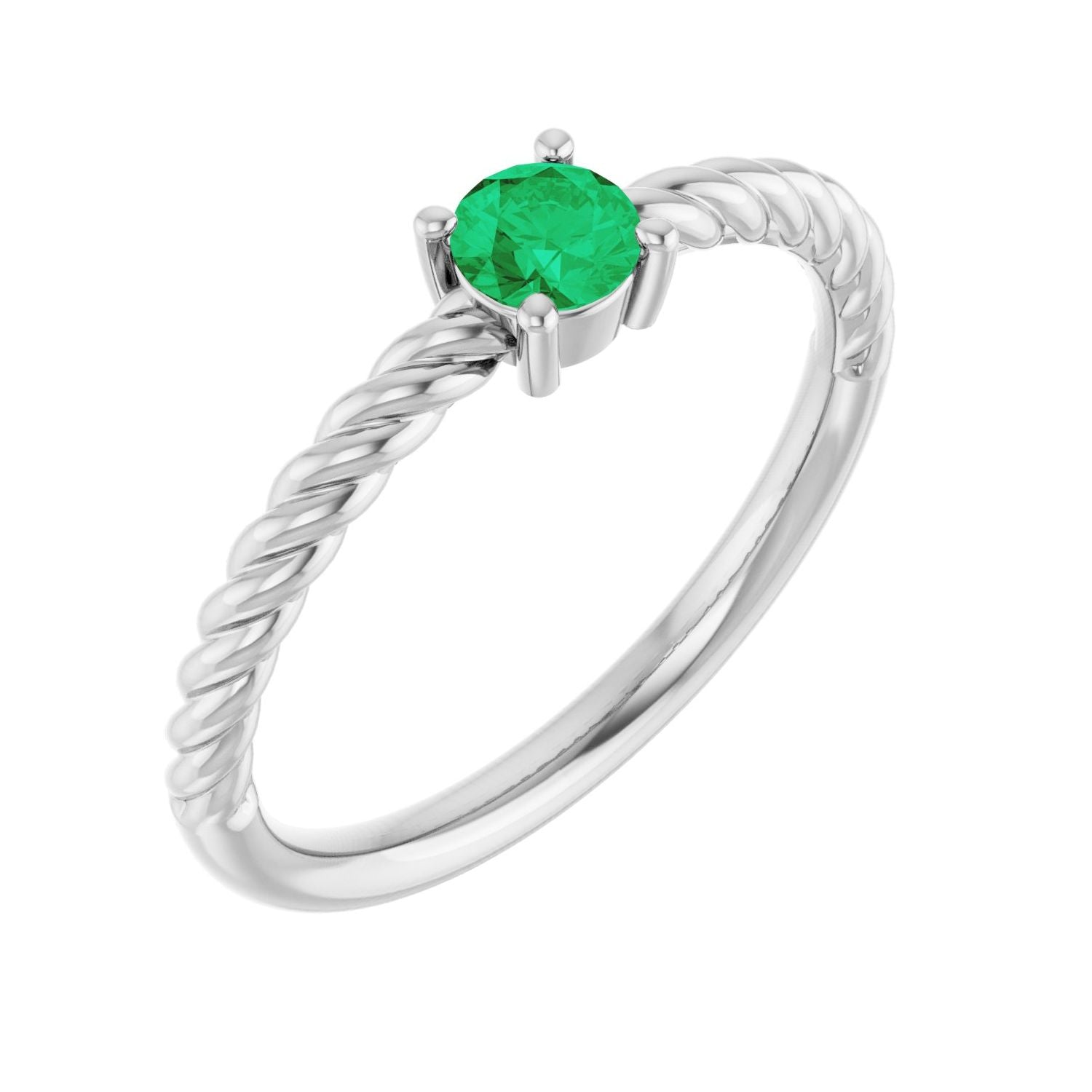 Natural Emerald Rope Solitaire Ring in 14K White Gold