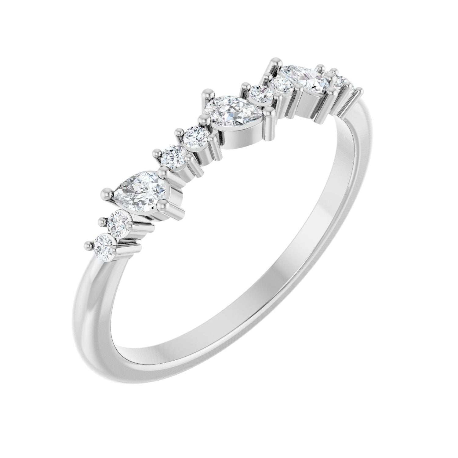 White Gold scattered pear and round diamond anniversary band