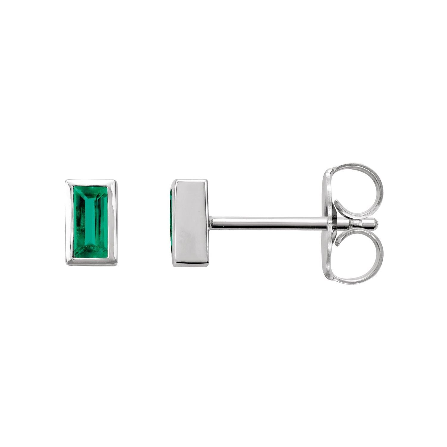 14K White Gold bezel-set baguette natural emerald stud earrings