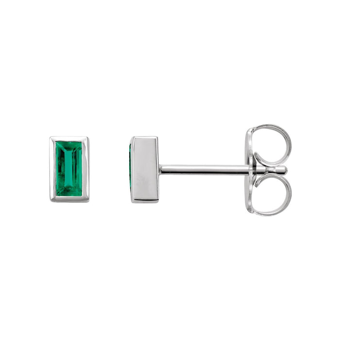 14K White Gold bezel-set baguette natural emerald stud earrings